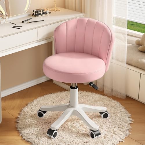 Small Round Rolling Desk Chair Armless Comfy Vanity Computer Chair with Low Backrest PU Leather Height Adjustable Swivel Work Spa Chair - color: Pink, style: Set of 1 with backrest