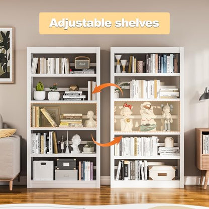 5 Tier Metal Bookcase,69'' Tall Heavy Duty Bookshelf with Open,White Large Adjustable Bookshelves,Sturdy Modern Heavy Duty Display Bookcases for Library,Office,Study Room,Living Room - color: White, size: 69" New