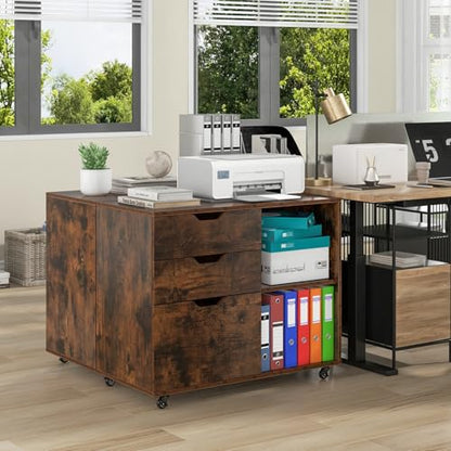 LOKO 3-Drawer File Cabinet, Rolling Lateral Filing Cabinet (Rustic Brown) - color: Rustic Brown