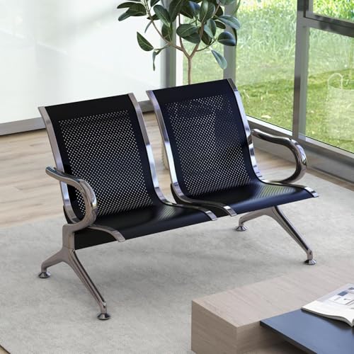 Kinsuite Reception Room Chair - 2 Seat Metal Waiting Room Chairs, Office Guest Chairs & Reception Seat for Office Bank, Hospital, Airport, Black - color: Black, size: 2-Seat