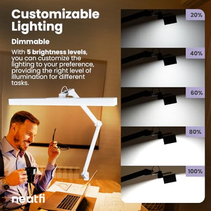 Neatfi 3,000 Lumens Ultra LED Desk Lamp with Clamp, 30W Dimmable Monitor Light, 5 Brightness Levels & 5 Light Modes (White, 28 Inches with Metal Arm) - color: White, size: 28 Inches with Metal Arm