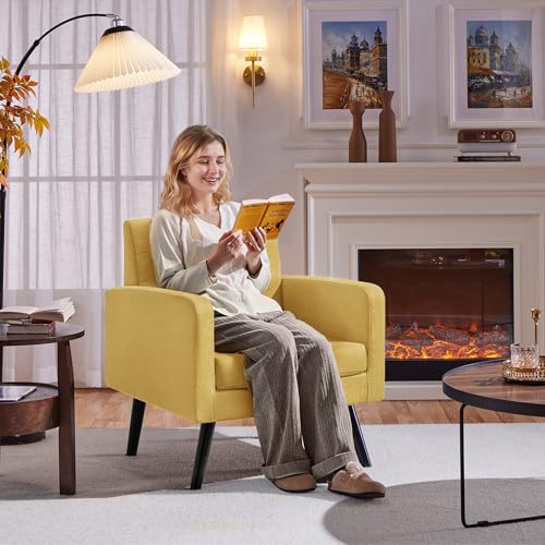 Yaheetech Mid Century Accent Chair Living Room Chair Yellow | Linen-Like Upholstered Sillones Para Sala, Modern Reading Nook Chair, Button Tufted Back, Rubberwood Legs, Bedroom Office - color: Yellow, size: set of 1
