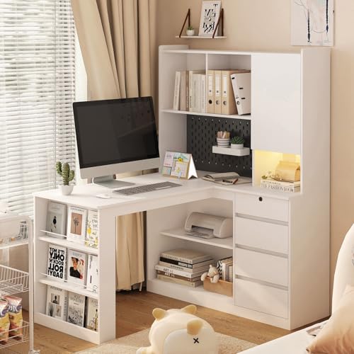 KEIKI L Shaped Home Office Desks with LED Light, Pegboard, Hutch, Drawers, Bookshelf & Storage Shelves, Modern Wooden Gaming Computer Corner Table for Work, Study, Writing - color: White, size: Medium and Right Shelf
