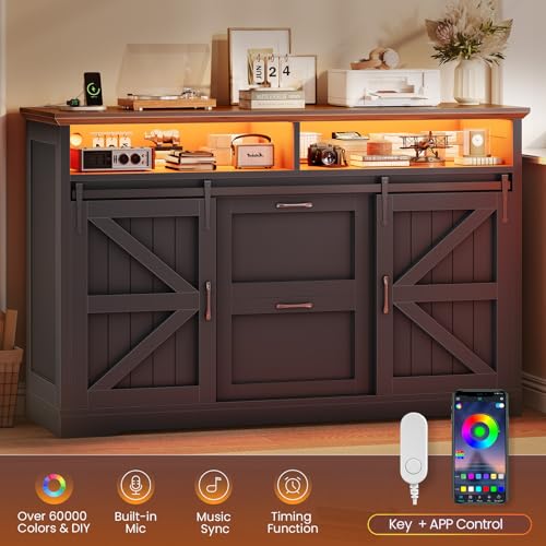 SEDETA 47.2" File Cabinet, 2 Drawers Filing Cabinets for Home Office fit Legal/Letter/A4 File, Farmhouse File Cabinet with Barn Door & Power Outlets, Printer Stand with Storage & LED Lights, Black - color: Black