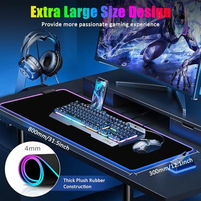 Gaming Mouse Pad, RGB Mousepad, Large Mouse Pad, Non-Slip Rubber Base, 800 * 300 * 4mm, 15 Light Modes, Waterproof Surface, for MacBook, Gaming, PC, Laptop - color: black+L