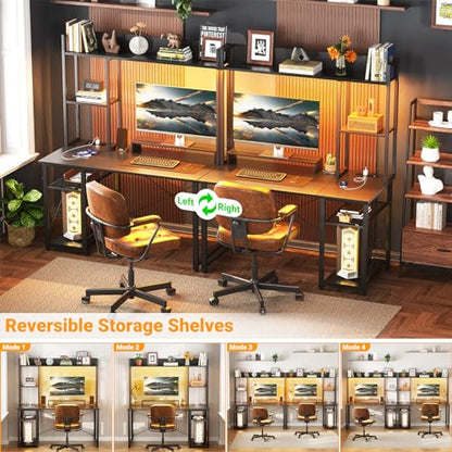 Cyclysio Gaming Desk with Hutch, 39'' Computer Desk with LED Lights & Power Outlets, Home Office Desk with Reversible 5 Tiers Storage Shelves & Monitor Stand, Small Gaming Table for Small Space, Black | Home Office Desk with LED Lights & Power Outlets, Co