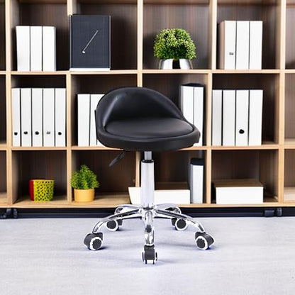 KKTONER PU Leather Round Rolling Stool with Back Rest Height Adjustable Swivel Drafting Work SPA Task Chair with Wheels Black - color: Black