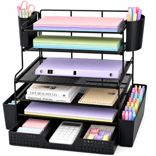 OPNICE Desk Organizer, 6-Tier Desktop File Organizer with Drawer and Pen Holders, Office Desk Accessories, File Sorters, Workspace Organizers for Office Supplies(Black) - color: Black, size: 6T