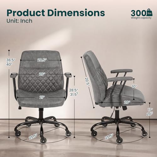 NEO CHAIR Leather Office Chair with Ergonomic Design, Swivel Chair, Grey | Modern Computer Desk Chair with Genuine Leather, Lumbar Support, Removable Arms, Comfy Chair for Home Office, Smooth Rolling - color: D. Mid-back Grey