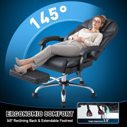 DurayLoly Big and Tall Office Chair, Retractable Footrest, 145° Recline - color: Black
