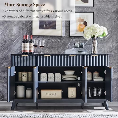 T4TREAM 60 Inch Fluted Buffet Sideboard Cabinet, Dark Grey | Modern Coffee Bar Storage Cabinet With 3 Drawers & 4 Doors, for Dining Room, Living Room, Hallway, Adjustable shelves - color: Dark Grey