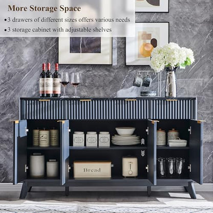 T4TREAM 60 Inch Fluted Buffet Sideboard Cabinet, Dark Grey | Modern Coffee Bar Storage Cabinet With 3 Drawers & 4 Doors, for Dining Room, Living Room, Hallway, Adjustable shelves - color: Dark Grey
