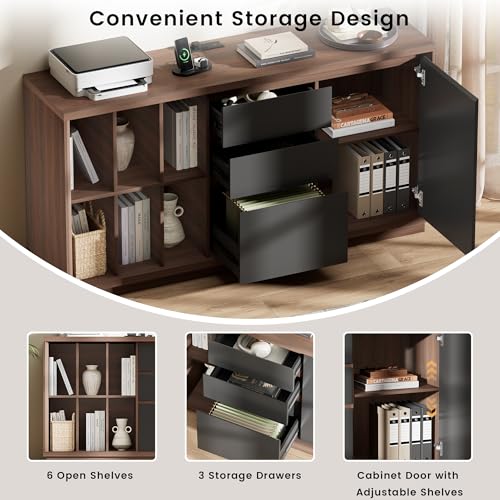 ModernMate 60" File Cabinet with Drawers & Door, Built-in Charging Station