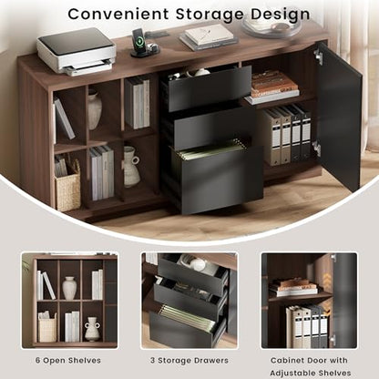 ModernMate 60" File Cabinet with Drawers & Door, Built-in Charging Station