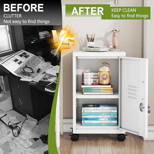 pozdeg 24.4" H Metal Locker Storage File Cabinet with Wheels, White | Small Employees Locking Steel Locker Adjustable Shelf & Lock, Single Door Lockable Cabinet for Home, School, Office, Gym