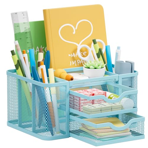 Marbrasse Mesh Desk Organizer, Pen Organizer with 2 Drawer, Multi-Functional Pencil Holder, Desk Organizers and Accessories with 5 Compartments + Drawer for Office Art Supplies (Blue) - color: Blue