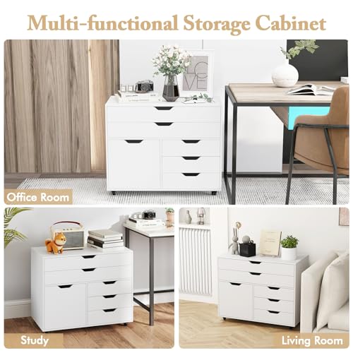 MAT EXPERT 5-Drawer Mobile File Cabinet w/Door, Lateral Filing Cabinet w/5 Universal Wheels, Rolling File Cabinets with Storage, Modern Wood Printer Stand for Home Office, Living Room, Study (White) - color: White