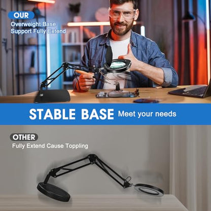 15X HD Magnifying Glass with Light, Hands-Free Desk Magnifier with 2-in-1 Base & Clamp, Adjustable Swing Arm, 5 Color Modes, 10 Brightness Levels for Reading, Crafts, Sewing & Nail Art - style: Clamp+Stand【UPGRADE】