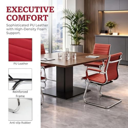 Office Desk Chair Set of 8,No Wheels PU Leather Computer Chairs Mid Back Guest Chairs with Seld Base for School/Reception/Conference/Waiting Room,Burgundy Red - color: Deep Red, size: 8PCS