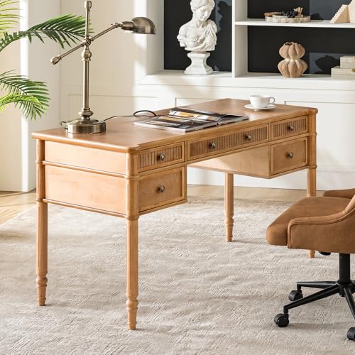 HULALA HOME 55 Inches Fluted Writing Desk with Charging Station, Teak - color: Teak