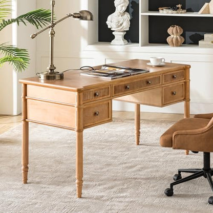 HULALA HOME 55 Inches Fluted Writing Desk with Charging Station, Teak - color: Teak