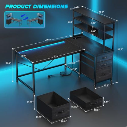 DurayLoly 55" L Shaped Gaming Desk with 3 Fabric Drawers & Shelves - color: Black, size: 18.9"D x 55.1"W x 59"H