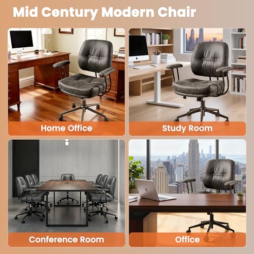 Leather Home Office Chair, Mid Back Ergonomic Desk Chair with Lumbar Support, Mid Century Modern Deep Seat Swivel Rocking Computer Chair, Dark Gray - color: Dark Gray,suede Fabric, size: Big Mid Back