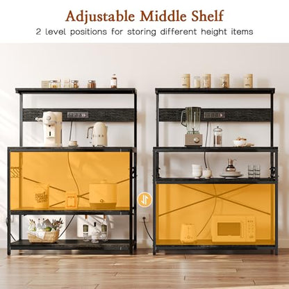 SUPERJARE Bakers Rack with Power Outlets, Microwave Stand, 39.4 X 14.3 Inch Larger Desktop, Kitchen Storage Rack with Adjustable Middle Shelf, 6 S-Shaped Hooks, Coffee Bar Stand, Black - color: Black, size: 39.4inch