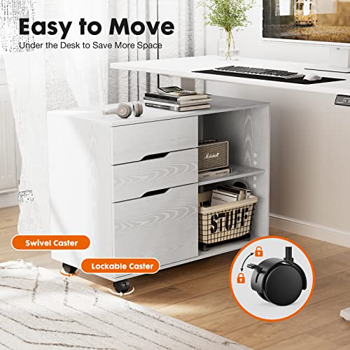 File Cabinet with 3 Drawers, Mobile Lateral Filing Cabinet with Open Storage Shelves for Home Office Under Desk Storage, White - color: White