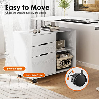 File Cabinet with 3 Drawers, Mobile Lateral Filing Cabinet with Open Storage Shelves for Home Office Under Desk Storage, White - color: White