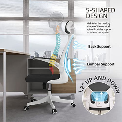 Monhey Office Chair, Ergonomic Office Chair with Lumbar Support & 3D Headrest & Flip Up Arms Home Office Desk Chairs Rockable Computer Chair Multi-Angle from 90° to 130° with 350LBS CapacityChair - color: 02white+black