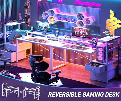 Aheaplus Gaming Desk with LED Strip & Power Outlet, 59Inch Reversible Computer Desk with Monitor Stand & Storage Shelves, Home Office Desks with Fabric File Drawer, Gamer Table PC Desk, White - color: White