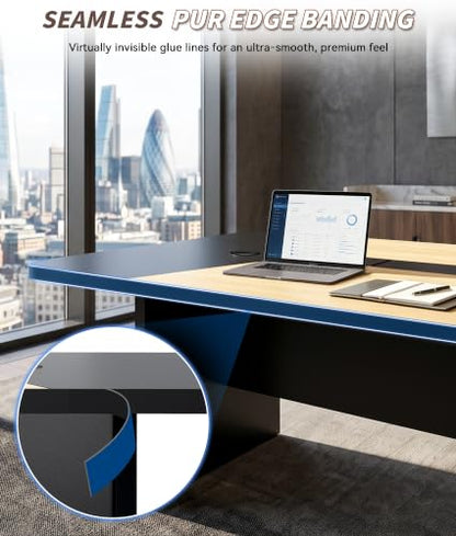Ceridwen 8FT Conference Table, Rectangular Boardroom Table with Built-in Power & USB-C Ports, Heavy-Duty Meeting Table with Thick Tabletop & Trapezoid Legs for Office Conference Room - color: Natural Wood