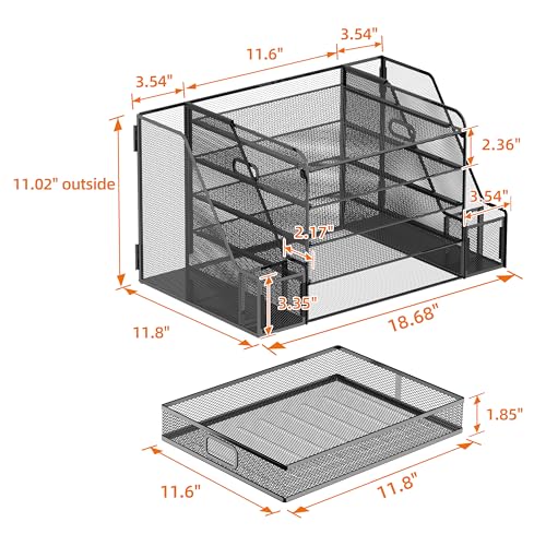 SUPEASY Mesh Desk Organizer with File Holder, 5-Tier Paper Letter Tray Organizer with Magazine Holder, Desktop Organizer and Storage with Drawer for Office Supplies Home or School (Black) | Two side magazine holders and a bottom drawer store papers, folde