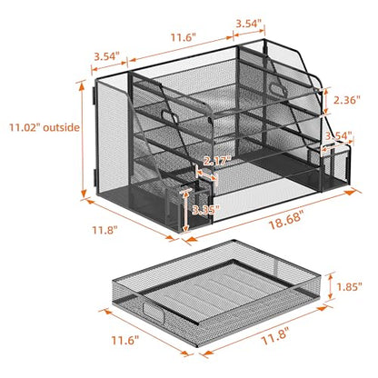 SUPEASY Mesh Desk Organizer with File Holder, 5-Tier Paper Letter Tray Organizer with Magazine Holder, Desktop Organizer and Storage with Drawer for Office Supplies Home or School (Black) | Two side magazine holders and a bottom drawer store papers, folde