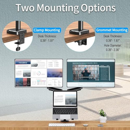 MOUNTUP Dual Monitor and Laptop Mount, Adjustable Monitor Stand for 2 Max 27" Computer Screens, Laptop Tray Fits 10-17inch Notebook, Holds 4.4-17.6lbs Per Arm, 3-in-1 Adjustable Monitor Desk Mount - size: Triple-With Pole