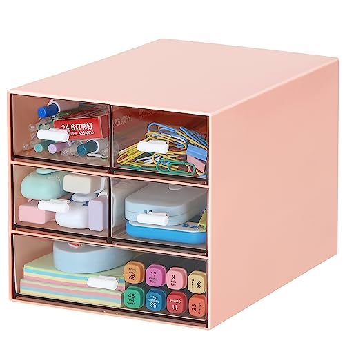 Desk Organizer with 5 Drawers, Rectangular Office Stationery Supplies Desktop Drawers, Plastic Makeup Storage, Suitable for Office, School, Home (Pink & 5 Drawers) - color: Pink & 5 Drawers