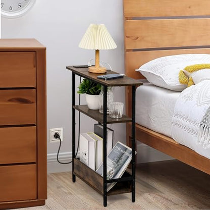 Narrow End Table with USB-C Charging Station, 3-Tier Slim Side Table | Modern Space-Saving Small End Table with Charging Station, Storage Shelves for Couch, Bedroom, Living Room, Small Spaces