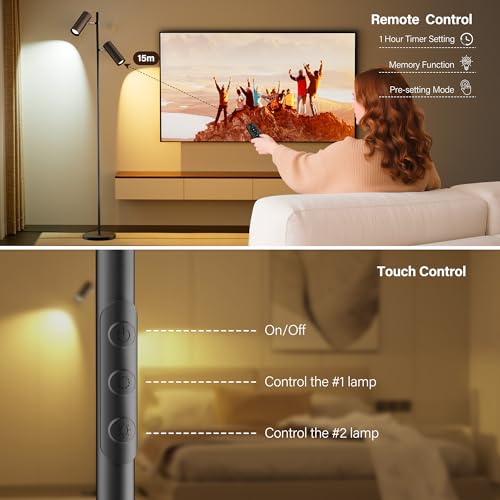 SIBRILLE Spotlight Floor Lamp, Tall LED Standing Lamp with Remote/Touch Control, 2700K-6500K, 350°Rotating Head Standing Lamp, Reading Floor Lamp for Living Room, Bedroom, Office & Wall Art, Dual Head - style: Dual-Tube