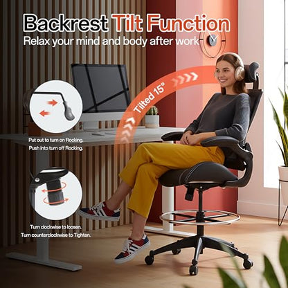 BOLISS Leather Drafting Chair Ergonomic Tall Office Chair - color: Black Leather Mesh Back, size: BLS-2818HD