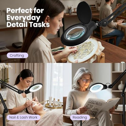 Neatfi LED Magnifying Floor Lamp 1,200 Lumens – 5” Bifocal Glass Lens, Dual Magnification 2.25X + 6X, Dimmable Task Light | Adjustable Arm, Rolling Base | Reading, Crafting & Sewing (Black, 5 Inches) - color: Black, size: 5 Inches