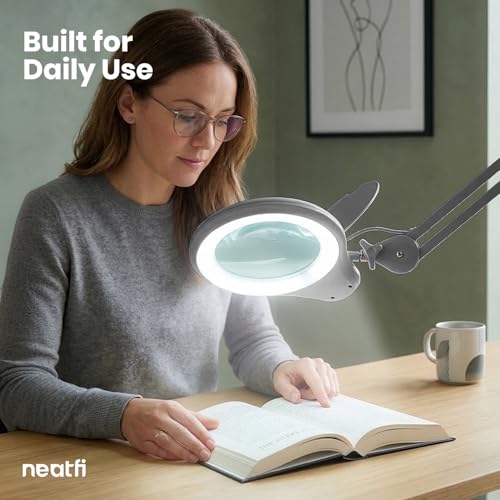 Neatfi LED Bifocal Magnifying Lamp 1,200 Lumens – 5” Glass Lens, Dual Magnification 2.25X/6X, Dimmable | Adjustable Arm with Clamp | Crafting, Jewelry & Reading (5 Diopter + 20 Diopter, Silver) - color: Silver, size: 5 Diopter + 20 Diopter