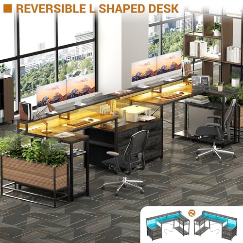 Aheaplus L Shaped Desk with File Drawer, Reversible L Shaped Gaming Desk - color: Black Oak