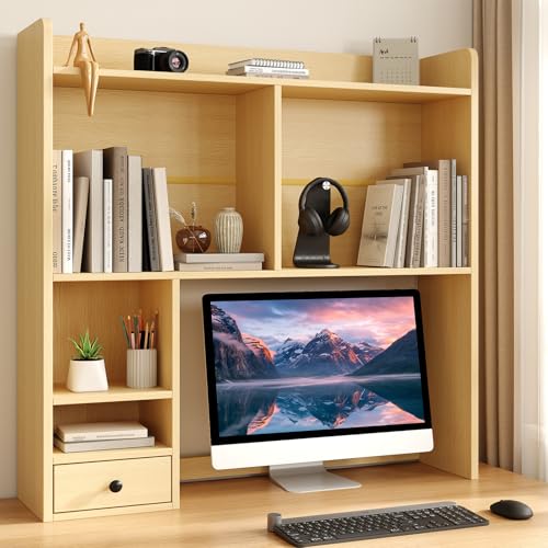 knoworld Desktop Bookshelf for 27" Monitor, Space-Saving Engineered Wood Desk Hutch Organizer with Adjustable Shelves & Drawer, Clutter-Free Tabletop Bookcase for Dorm & Home Office, Natural - color: Natural