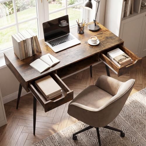 Tangkula Mid Century Modern Computer Desk | Writing Desk with 2 Drawers & Open Center Storage, Small Wooden Study Table for Home Office & Compact Spaces - color: Rustic Brown