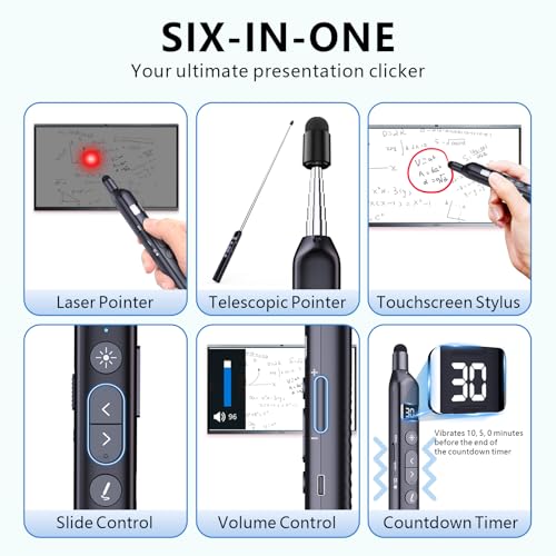 N21 Bluetooth Presentation Clicker for PowerPoint with Retractable Pointer | ①Laser Pointer②Telescopic touch pen③Countdown timer, vibration alert ④Customizable Button ⑤Rechargeable;battery level display - color: Black - Red Pointer