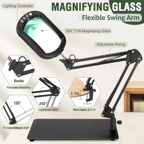 Veemagni 12X Rectangle Magnifying Glass with Light and Stand, 5 Color Modes Stepless Dimmable, 2-in-1 LED Lighted Desk Lamp & Clamp, Hands Free Magnifier for Reading Crafts Repair Painting Close Work