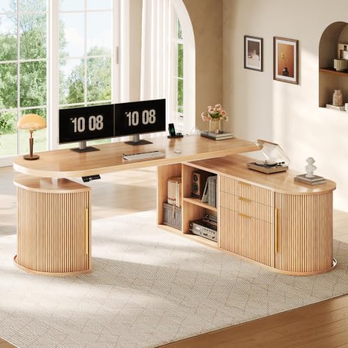 SEDETA 57" L Shaped Standing Desk with Storage, Electric Height Adjustable Curved Executive Desk, Fluted Desk with Drawers & Power Strip for Home Office, Light Oak - color: Light Oak, size: 57" L Shaped Standing Desk