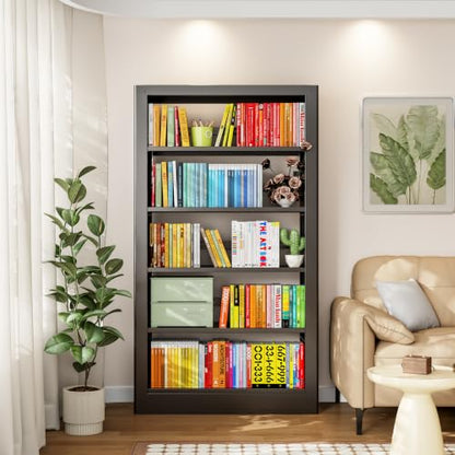 5-Tier Bookcase with Adjustable Storage Shelves, Heavy Duty Bookcase, Metal Bookshelf with Book Stopper, Black Bookcase Shelf for Library, Office, Living Room - color: Black