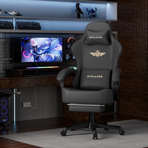 GTPLAYER Gaming Chair with Pocket Spring Cushion, Big and Tall Gamings Chairs 350LBS High Back Computer Chair with Footrest for Adults Lumbar Support Swivel Game Chair for Office, Leather Black - color: Black